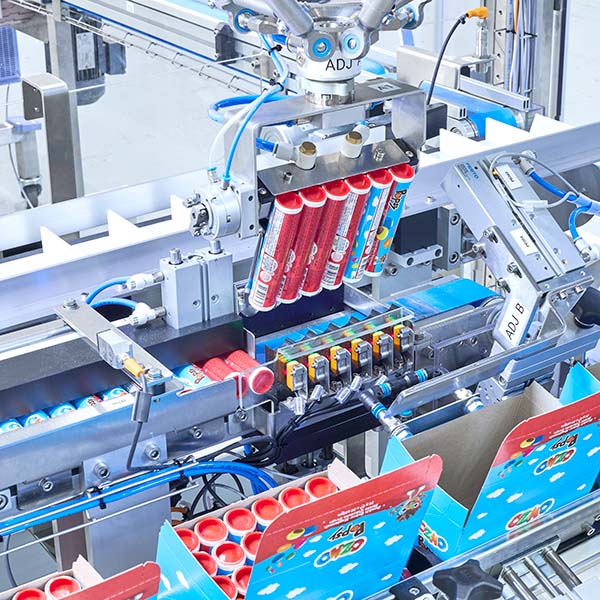 Automated Packaging Machinery Loading Tubes into Cartons